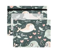 Kcldeci Trousse à crayons transparente avec fermeture éclair - Motif lions de mer, baleines et cœurs - Pour classeur à 3 anneaux