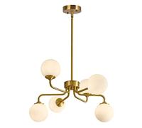 KCO Lustre Sputnik à 6 lumières moderne du milieu du siècle - Pendentif doré - Globe en verre dépoli - Lustre en laiton brossé pour salon, chambre à coucher, cuisine