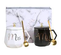 KDAMGOQE Cadeaux d'anniversaire pour couple Mr et Mme Mugs avec cuillère 1 ensemble Céramique 400 ml ergonomique Machine de mariage minimaliste Machine de cadeaux lavables bottomé