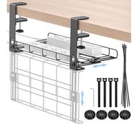KDD Cable Management Métallique, Plateau de Gestion des Câbles sous Le Bureau, Support de câble sans Perçage, Range Cable Bureau avec Pinces à Câbles à 3 Trous, Largeur Réglable de 5,31" à 8,07"