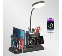 KDD Lampe de Bureau avec Ports USB A&C - Lampe Bureau Lecture avec Supports Stylo et Téléphone - Luminosité Réglable avec Fentes pour Appareils - Accessoire Table 360° pour Maison, Dortoir