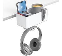 KDD Organiseur de bureau 4 en 1 - Porte-gobelet et porte-casque avec 2 trous de fil - Cintre rotatif et rangement amovible pour tasse, téléphone et stylo (blanc)