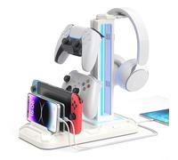 KDD Support Casque Bureau avec Support Téléphone - Support Manette Détachable avec 9 Modes d'éclairage, Repose Casque Gaming avec Ports de Charge USB, Porte Casque Rotatif pour PC Gaming, Blanc