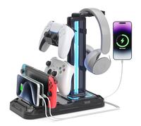 KDD Support Casque Bureau avec Support Téléphone - Support Manette Détachable avec 9 Modes d'éclairage, Repose Casque Gaming avec Ports de Charge USB, Porte Casque Rotatif pour PC Gaming Accessoire