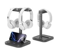 KDD Support Casque Double pour Bureau - Porte Casque et Manette Rotatif avec Support de Téléphone, Support Casque Gamer avec Base Amovible et Antidérapante pour Tous Les Casques de Jeu/Bureau