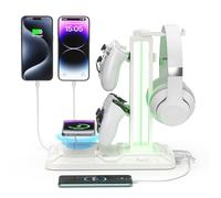 KDD Support Casque Gamer avec Chargement sans Fil - Support Casque et Manette Rotatif avec 9 Modes d'éclairage - Porte Casque avec 2 Ports USB et Type C - Accessoires Gaming pour Menette PS5, Blanc