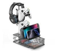KDD Support Casque Gamer avec Tiroir, Support Manette PS5 avec Barre de Support en Aluminium et Organisateur de Câbles, Porte Casque avec Rangement Bureau, Organisateur de Bureau pour Xbox PS4, Noir
