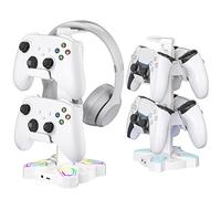 KDD Support Casque Gamer, Porte Casque Rotatif avec 9 Modes de Lumière, Support Manette avec 2 Ports USB, Port 3.5 mm et Type C, Repose Casque & Porte Manette pour PS5 PS4 Xbox Series X One; Blanc