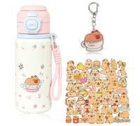 KDFSSIPE Capybara Gourde Isotherme Conception, 500 ml Gourde Isotherme à Double Pipette,Capybara Bouteille Isotherme avec 50 Stickers et Porte-clés pour Sport (Tasse d'isolation en acier inoxydable)