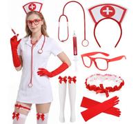 KDFSSIPE Ensemble Costume Infirmière, Déguisement Infirmière Carnaval Accessoires avec chapeau et stéthoscope, jarretière, chaussettes rouges avec croix blanche et stylo seringue pour Cosplay, Fête