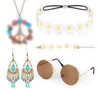 KDISHKRA 5 Pièces Accessoires Hippie pour femmes, nsemble de Costume Hippie des Années 70 et 80, Hip-pie Rétro avce Fleurie Bandeau Lunettes Hip-pie Boucles d'oreilles Collier Signe de Paix Bracelet