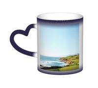 KDKJEDPEAF Seaside Golf Course Tasse magique à changement de couleur 325 ml | Tasse à café en céramique sensible à la chaleur révèle une image surprise | Cadeau pour elle, lui, famille, amis (noir