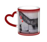 KDKJEDPEAF Tasse magique à changement de couleur « Girl with Balloons » - Tasse à café en céramique sensible à la chaleur révèle une image surprise - Cadeau pour elle, lui, famille, amis (noir, rouge