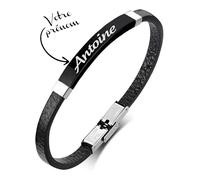 KDO MAGIC - Bracelet personnalisé - Bijou Homme - Bracelet en cuir noir - Gravure prénom - Plaque noire ou argentée gravée - Idée cadeau homme, fête des pères, papa (Noir)