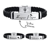 KDO MAGIC - Bracelet personnalisé en cuir tressé noir - Personnalisable avec un prénom ou texte gravé - Bijoux gravé - Cadeau fête des pères, papa