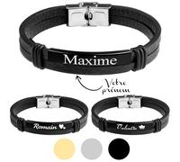 KDO MAGIC - Bracelet personnalisé homme - Prénom gravé - Plaque noire personnalisable - Bracelet simili cuir - Idée cadeau homme - Cadeau fête des Pères, papa, Saint-Valentin (Noir)