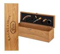 KDO MAGIC - Coffret Sommelier personnalisé en Bois - 5 Accessoires pour Le vin - Tire-Bouchon, Bouchon, Bec verseur, Stop-Gouttes, Thermomètre - avec prénom ou Texte gravé (Texte)