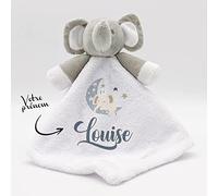 KDO MAGIC Doudou éléphant personnalisé avec prénom - Peluche Blanche Personnalisable - Cadeau de Naissance, garçon, Fille, bébé, Anniversaire (Lune Bleu)