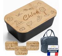 KDO MAGIC Lunchbox Personnalisée Dolce Vita - Bento avec prénom personnalisable - Boîte à repas gravée - Boîte à goûter avec sac isotherme - Lunch box pique-nique été, plage, vacances (Noir)