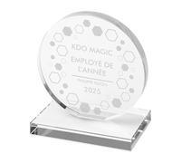 KDO MAGIC - Trophée Personnalisable - Coffret Cadeau Inclus - Trophée Verre personnalisé - Texte, prénom ou Date gravé - Petit Rond - Anniversaire, Employé du Mois, Retraite - Thème Entreprise