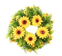 Kdouehg Couronne D'Été de Tournesol Artificiel - Couronne de Fausses Fleurs Décoratives avec Tournesol Jaune et Feuilles pour Porte D'Entrée