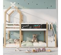 Kdtoll Lit Superposé Enfant 90 x 200 cm, Lit Mezzanine pour Enfant en Bois de Pin Massif avec Sommier à Lattes, Lit cabane d'enfant avec Escalier de Rangement (sans Matelas, Naturel)