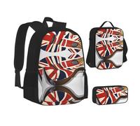 KDUBNJDS Ensemble de 3 pièces sac à dos, sac d'école, trousse à crayons et sac à déjeuner, sac de voyage, boîte à déjeuner isotherme, cadeaux pour garçons et filles, Guitare drapeau anglais, Taille