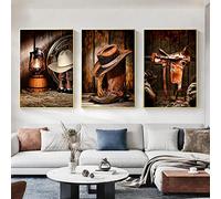 KDXAOBEI Western Cowboy Toile Peinture Wall Art Marron Cowboy Chapeau Bottes Photos Décoration Murale pour Salon Décoration de La Maison 20x30cm(8x12in) x3 No Frame
