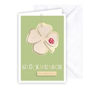 KE Carte de vœux d'anniversaire de qualité supérieure avec trèfle et coccinelle - Blanc - Finition en aluminium - Partie en bois sur ruban de jute - Cadeau pour des occasions spéciales