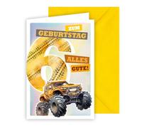 KE - Carte de vœux idéale pour le 6ème anniversaire d'un garçon - Avec enveloppe jaune - Carte d'anniversaire pour enfants - Gaufrage en aluminium - Motif Monster truck - 6 ans