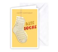 KE - Carte de vœux personnalisée pour anniversaire - Motif ancienne chaussette - Blanc - Finition en film d'aluminium - Partie en bois sur ruban de jute