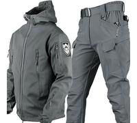 KEAAN Hommes Costumes De Pêche Hiver Peau De Requin Soft Shell Polaire Épais Alpinisme Camping Vêtements Tactiques Formation Étanche Ensemble- Grey||M