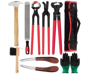 Keadic Kit d'outils pour sabot de maréchal avec rouleau de 10 pièces comprenant une pince coupante en fer à cheval, une râpe 4 en 1, une brosse en fer à cheval, un coupe-sabot, un marteau et des gants