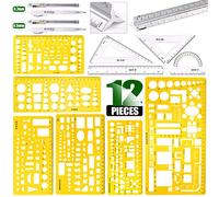 Keadic Lot de 12 gabarits de dessin géométrique, règle de géométrie en plastique, forme transparente, jaune, échelle d'architecte, règle de mesure, outils de mesure pour la conception et la