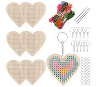 Keadic Lot de 64 kits de point de croix en bois en forme de cœur, faites vos propres 10 porte-clés au point de croix, kit de couture en bois, cœurs et décorations en forme de cœur, kit de broderie en