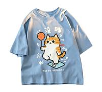keadiseu T-Shirt Ample Coton, Chat Roux Rond Balance Pas Gros - Bleu - L