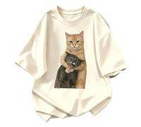 keadiseu T-Shirt Ample Meme Chat Orange serrant Chat Gris - Crème - L