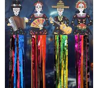 KEAGAN Dia de los Muertos Lot de 4 Décorations à Suspendre 140 cm pour Halloween - Crâne en Sucre pour le Jour des Morts, Fête d'Halloween, Décoration d'Intérieur et d'Extérieur