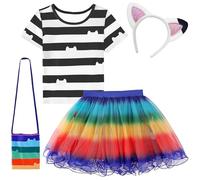 keaiyouhuo Robe Tutu arc-en-ciel Filles Princesse Cosplay Halloween Fête | Ensemble 4 pièces : costume tutu arc-en-ciel fille, robe col rond manches courtes, bandeau chat et sac à main, 3-8 ans.