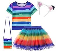 keaiyouhuo Robe Tutu arc-en-ciel Filles Princesse Cosplay Halloween Fête | Ensemble 4 pièces : costume tutu arc-en-ciel fille, robe col rond manches courtes, bandeau chat et sac à main, 3-8 ans.