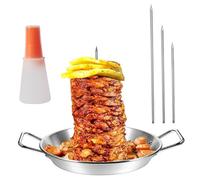 Kebab Plate and Skewer, 10" Stainless Steel Vertical Skewer Kebab Pan with 3 Sizes Removable Spikes and Oil Bottle Brush for Whole Chicken Fish Sausage Steak