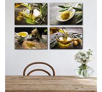 KEBIA Impression sur toile vintage antique olives vertes avec branche et huile d'olive naturelle - Décoration murale de cuisine - 30 x 45 cm - 4 sans cadre