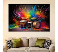 KEBIA Un ensemble de tambours avec de la fumée colorée, peinture sur toile, instrument de musique, images HD pour décoration de salon, affiches d'art murales, impressions 80 x 110 sans cadre