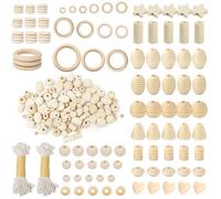 Keboyoe 147 Pièces Perle en Bois Naturel Anneau Bois Kit Comprenant des Perles Rondes Anneaux en des étoiles et Cœurs pour Bricolage Fabrication de Bijoux Artisanat et Macramé avec Cordes