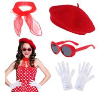 KECDRU Accessoires de déguisement français pour femme, béret rouge, écharpe, lunettes de soleil, gants, ensemble vintage pour fête à thème français, cosplay, style parisien