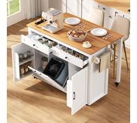 KecDuey Desserte de cuisine sur roulettes, coin repas extensible, îlot de cuisine avec plan de travail et bac à déchets, îlot de cuisine mobile autoportant avec multiprises, pour cuisine, salle à