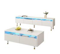 KecDuey Ensemble de meubles modernes, meuble TV à quatre portes et table basse avec deux tiroirs, éclairage LED, structure ondulée et façades en acrylique pour salon (blanc)