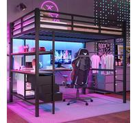 KecDuey Lit mezzanine 140 x 200 cm, en métal, lumière d'ambiance avec télécommande, pour garçon, avec bureau, prise + USB, 3 tiroirs, étagères, balustrade, escalier, sans matelas (noir, 140 x 200 cm)