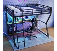 KecDuey Lit mezzanine, 90 x 200 cm, en métal, avec lumière d'ambiance télécommandée, cadre de lit avec console d'ordinateur, bureau, prise de courant + USB, balustrade, escalier, sans matelas (noir,