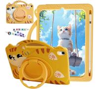KEDBBAO Étui pour iPad 10,2" 9ème génération 2021/8ème génération 2020/7ème génération 2019, coque résistante aux chocs pour enfant avec compartiment pour stylo et bandoulière réglable, chat orange